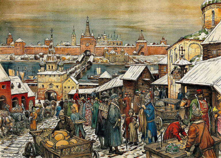 Apollinaire Vasnetsov, « La Place du marché à Novgorod », 1908-1909. // Domaine public